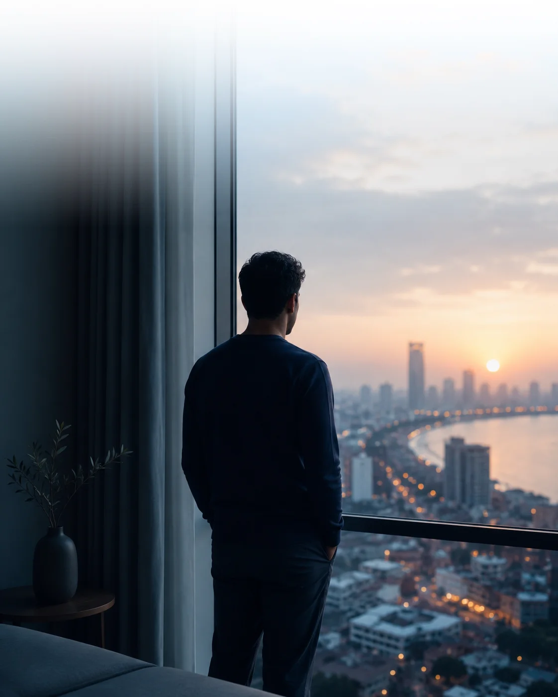 A person standing at a large window at dawn, looking out over the city with quiet hope